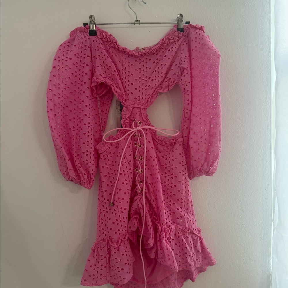Pink Strapless Eyelet Dress